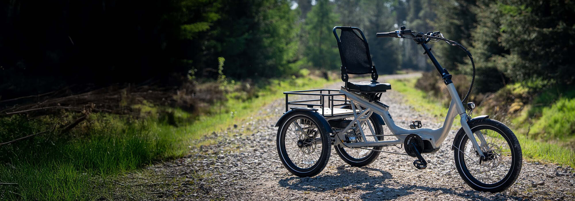 An Ascent Series electric tricycle parked on a pathway in a forest.