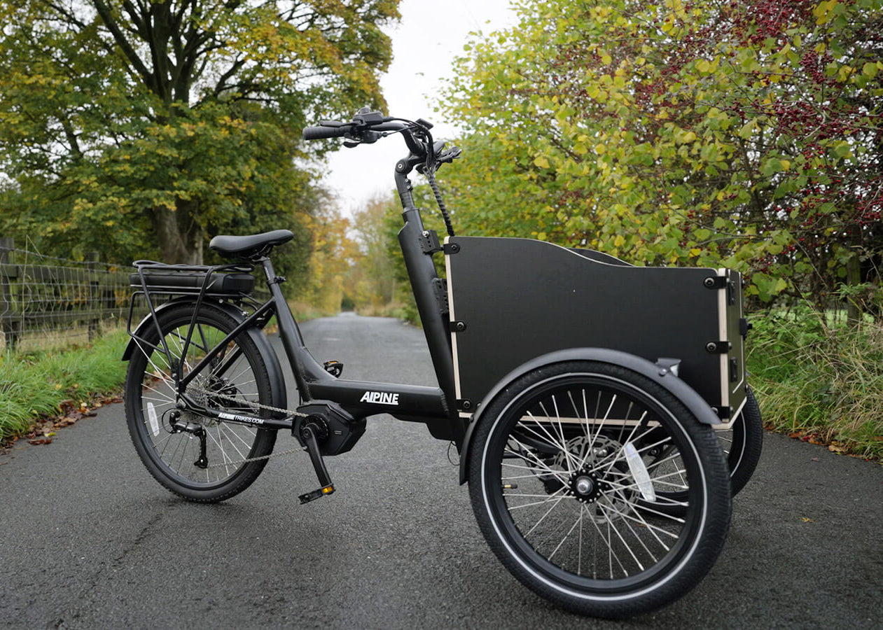 Load video: Alpine Sherpa electric trike, featuring a front-facing pet transporter box