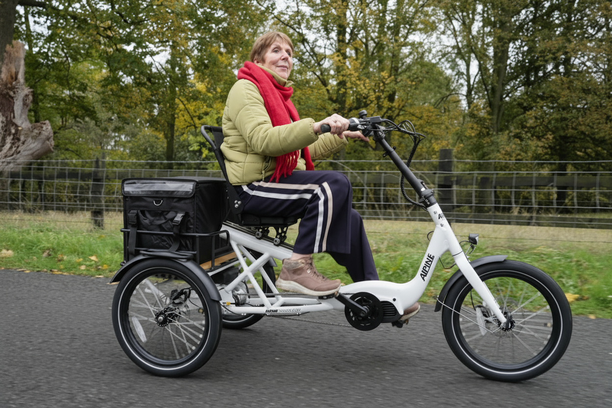 Person riding a white electric tricycle with a black basket in an outdoor setting.